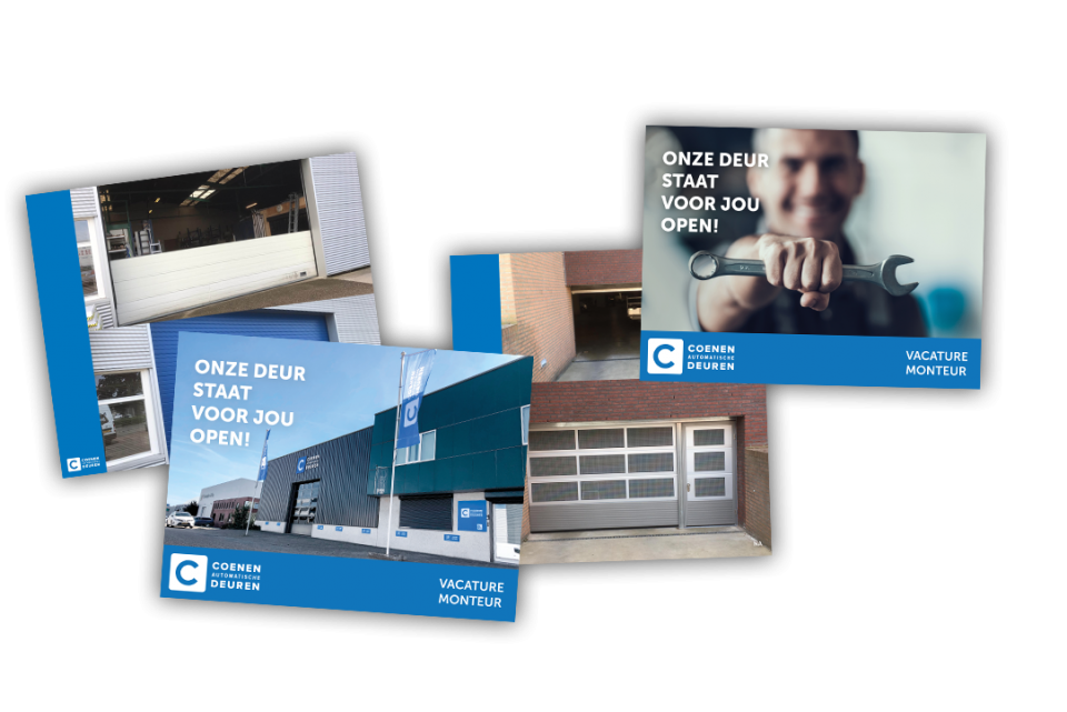 Advertenties voor vacatures bij Coenen Afdichtingssystemen en Deuren, met de slogan 'Onze deur staat voor jou open!' en afbeeldingen van bedrijfsgebouwen en een monteur.