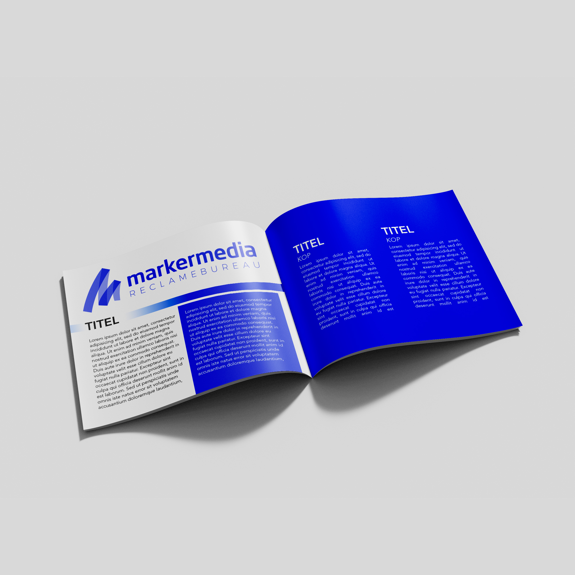 Afbeelding van kleurrijke brochures van Marker Media, ontworpen om informatie op een aantrekkelijke en overzichtelijke manier te presenteren.