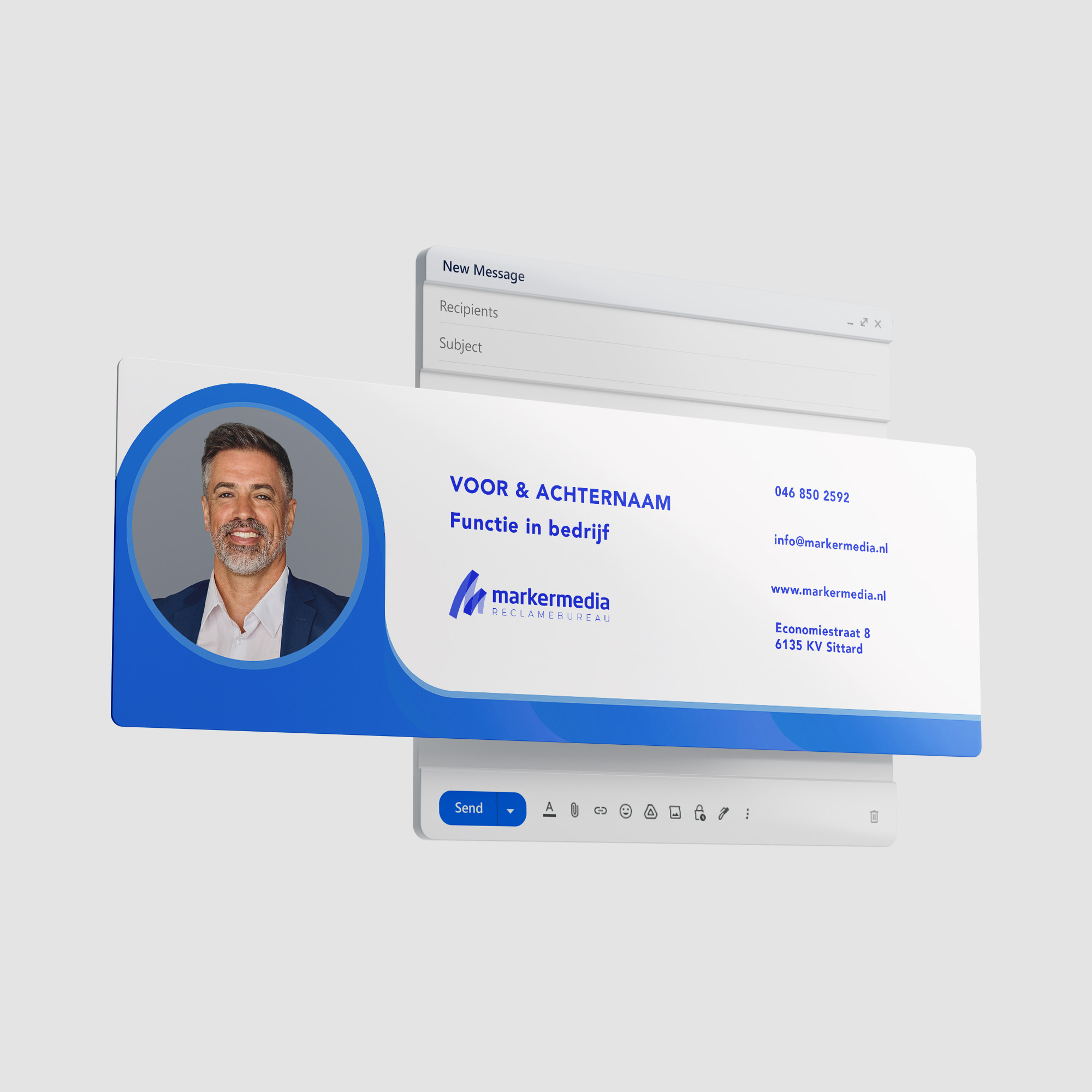 Voorbeeld van e-mailheaders van Marker Media, met een professionele lay-out en logo, ontworpen om de branding van het bureau te versterken en ontvangers te voorzien van belangrijke informatie zoals afzender, onderwerp en verzenddatum.