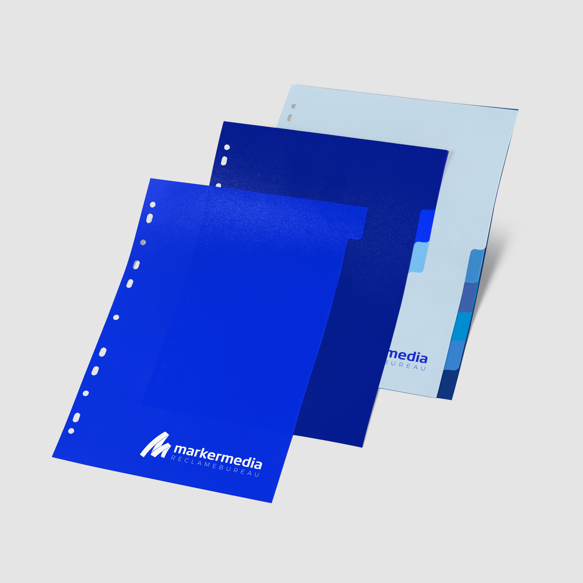 Afbeelding van tabbladen van Marker Media, met een professioneel ontwerp en het logo, ideaal voor het organiseren van documenten en presentaties.