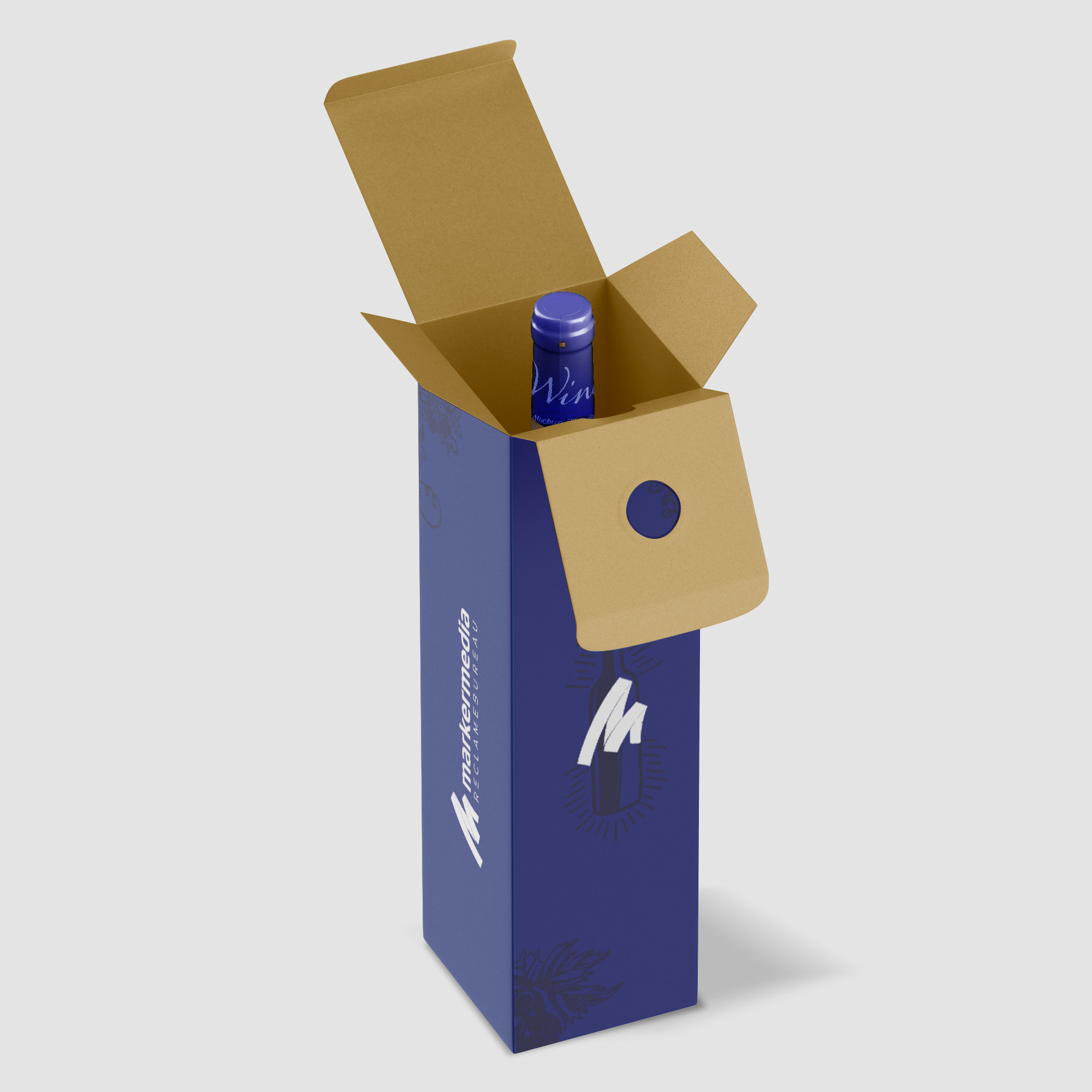 Afbeelding van wijndozen met het logo van Marker Media, ideaal voor het verpakken en versturen van wijnflessen als geschenk of promotie.